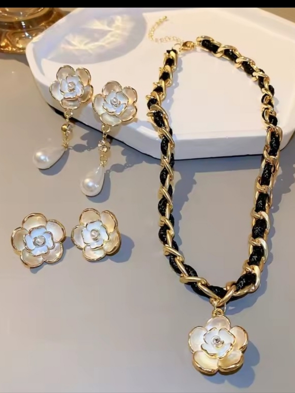 Luxury Jewelry Set High Quality Camellia Pearl Rose Flower Earrings